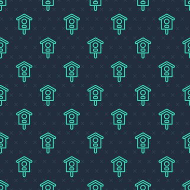 Yeşil çizgi kuş evi ikonu mavi arka planda izole edilmiş pürüzsüz desen. Yuva kutusu kuş evi, kuşlar için ev yapımı bina. Vektör