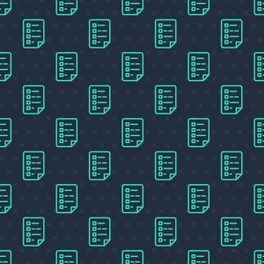 Kontrol listesi simgesine sahip yeşil çizgi panosu mavi arkaplanda izole edilmiş pürüzsüz desen. Kontrol listesi sembolü. Anket anketi ya da anket geri bildirim formu. Vektör