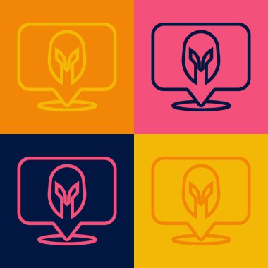 Orta Çağ 'ın popüler sanat çizgisi, kafa koruma ikonu için renk arkaplanında izole edilmiş demir miğfer. Şövalye miğferi Vektör