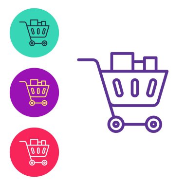 Alışveriş arabası ve yiyecek ikonu beyaz arka planda izole edildi. Yiyecek dükkanı, süpermarket. Simgeleri renklendirin. Vektör