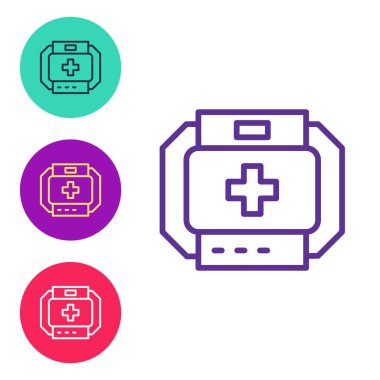 İlk yardım çantası simgesini beyaz arkaplanda ayır. Haçlı sağlık kutusu. Acil durumlar için tıbbi ekipman. Sağlık sigortası konsepti. Simgeleri renklendirin. Vektör