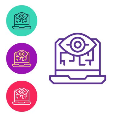 Bilgisayar görme simgesini beyaz arkaplanda izole et. Teknik görüş, göz devresi, video izleme sistemi, artırılmış gerçeklik sistemleri. Simgeleri renklendirin. Vektör