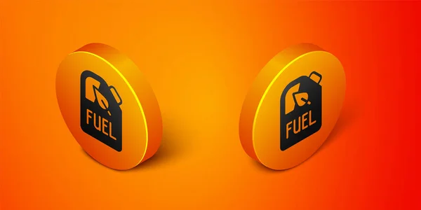 Isometric Bio fuel canister icon isolated on orange background. Eco bio and barrel. Green environment and recycle. Orange circle button. Vector — 스톡 벡터