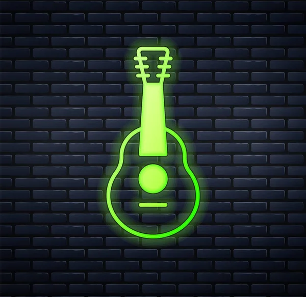 Leuchtende Neon Guitar Ikone isoliert auf Backsteinwand Hintergrund. Akustische Gitarre. Saiteninstrument. Vektor — Stockvektor