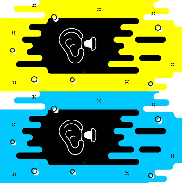 Tapones blancos e ícono de oído aislados sobre fondo negro. Signo de tapón de oído. Símbolo de ruido. Concepto de calidad del sueño. Vector — Archivo Imágenes Vectoriales