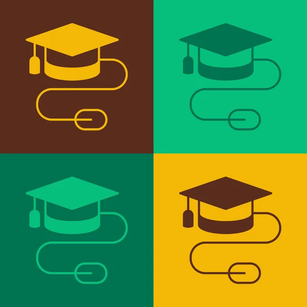 Pop art Graduation cap met muis pictogram geïsoleerd op kleur achtergrond. Wereld onderwijs symbool. Online leren of e-learning concept. Vector — Stockvector