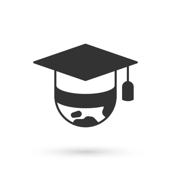 Γκρι καπέλο αποφοίτησης σε εικονίδιο πλανήτη απομονώνονται σε λευκό φόντο. Παγκόσμιο σύμβολο εκπαίδευσης. Online μάθηση ή e-learning έννοια. Διάνυσμα — Διανυσματικό Αρχείο