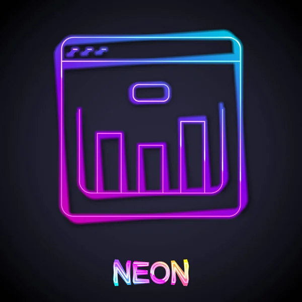 Glowing neon line Browser with stocks market growth graphs and money icon isolated on black background. Monitor with stock charts arrow on screen. Vector — Stock Vector