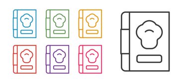 Satır Yemek Kitabı simgesini beyaz arkaplanda izole et. Yemek kitabı ikonu. Yemek tarifi kitabı. Çatal ve bıçak ikonları. Çatal bıçak sembolü. Simgeleri renklendirin. Vektör