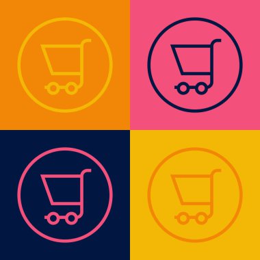 Pop sanat eseri alışveriş arabası simgesi renk arkaplanında izole edilmiş. İnternetten satın alma konsepti. Servis tabelası. Süpermarket sepeti sembolü. Vektör