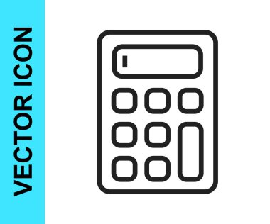 Siyah çizgi hesap makinesi simgesi beyaz arkaplanda izole edildi. Muhasebe sembolü. İş hesaplamaları matematik eğitimi ve finans. Vektör