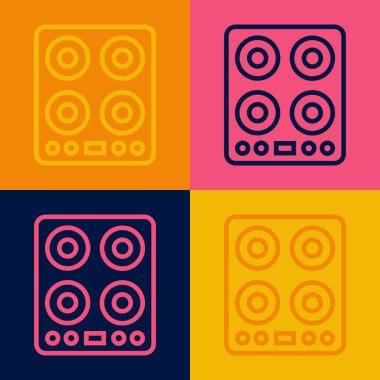 Popüler sanat eseri ocak ikonu renk arkaplanında izole edilmiş. Mutfak tabelaları. Dört daire ocağı olan bir hob. Vektör