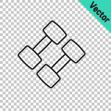 Siyah çizgi Dumbbell simgesi şeffaf arkaplanda izole edildi. Kas kaldırma, fitness halteri, spor malzemeleri. Vektör