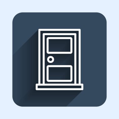 Beyaz çizgi kapalı kapı simgesi uzun gölge arkaplan izole. Mavi kare düğme. Vektör