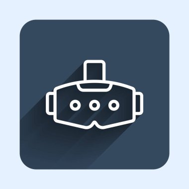 Beyaz çizgi Sanal gerçeklik gözlüğü simgesi uzun gölge arkaplanı ile izole edilmiş. Stereoskopik 3D VR maskesi. Optik baş monte edildi. Mavi kare düğme. Vektör