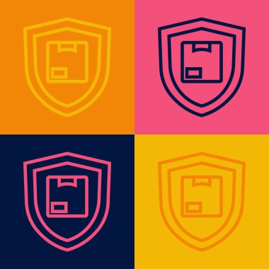 Pop Sanat Hattı Renk arkaplanında kalkan simgesi olan teslimat güvenliği. Teslimat sigortası. Kalkanın ötesinde sigorta kutuları var. Vektör