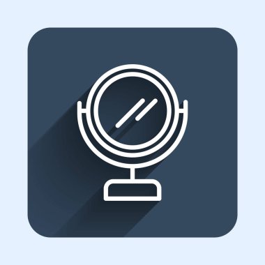 Beyaz çizgi yuvarlak makyaj aynası ikonu uzun gölge arkaplan izole. Mavi kare düğme. Vektör