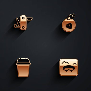 İsviçre çakısı, bomba, balık kovası ve uzun gölgeli kış balıkçılığı ikonu koyun. Vektör