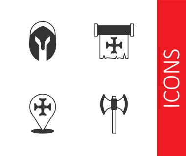 Ortaçağ kutup baltası, miğfer, Haçlı Seferi ve ikonu hazırlayın. Vektör