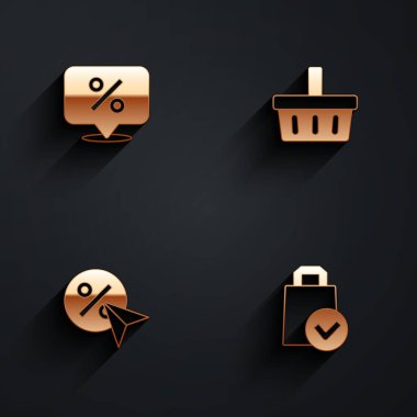 İndirimli yüzde etiketi, alışveriş sepetini ve uzun gölgeli kağıt poşet ikonunu ayarla. Vektör