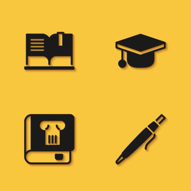 Açık Kitap, Kalem, Tarih ve Mezuniyet ikonu uzun gölgeli olsun. Vektör