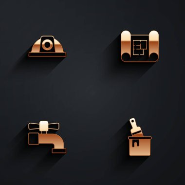 İşçi kaskı, ev planı, su musluğu ve uzun gölgeli fırça ikonlu boya kovası. Vektör