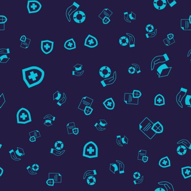 Set Life insurance with shield, Education grant, Lifebuoy hand and Contract on seamless pattern. Vector