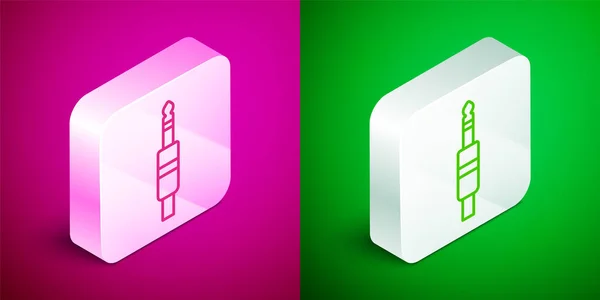 Isometric line Audio jack icon isolated on pink and green background. Audio cable for connection sound equipment. Plug wire. Musical instrument. Silver square button. Vector — Stock Vector