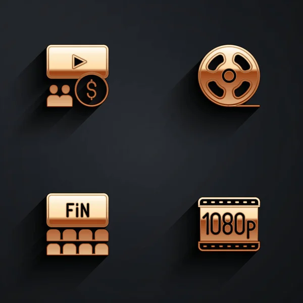 Set Cinema auditorium with screen, Film reel, and Full HD 1080p icon with long shadow. Vector — Stock vektor