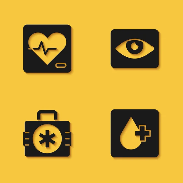 Set Heart rate, Blood test, First aid kit and Red eye effect icon with long shadow. Vector — Vector de stock