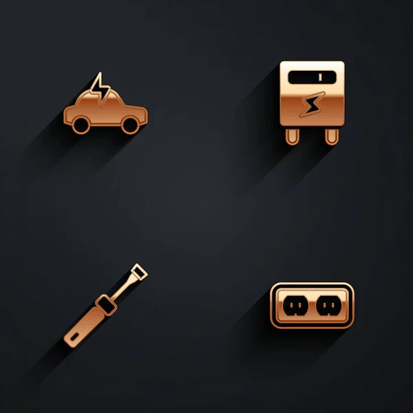Set Electric car, meter, Screwdriver and Electrical outlet icon with long shadow. Vector — Stockvector
