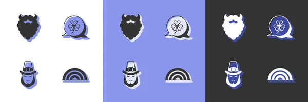 Set Rainbow, Mustache and beard, Leprechaun and Clover trefoil leaf icon. Vector — Archivo Imágenes Vectoriales