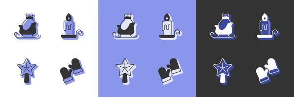 Set Christmas mittens, santa claus sleigh, star and Burning candle icon. Vector — Vector de stock