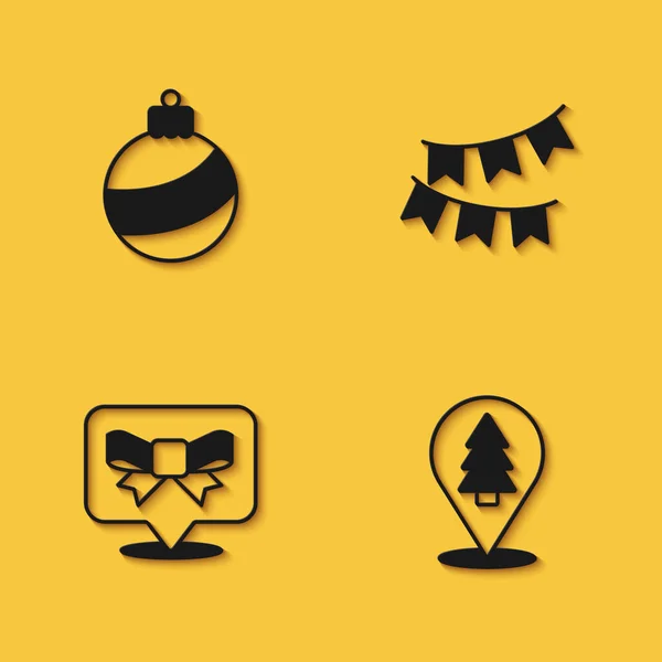 Set Christmas ball, tree, Gift bow and Carnival garland with flags icon with long shadow. Vector — Stockvector