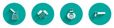 Set Wooden axe in stump, Crossed hammer, Grapple crane grabbed log and Hand saw icon with long shadow. Vector