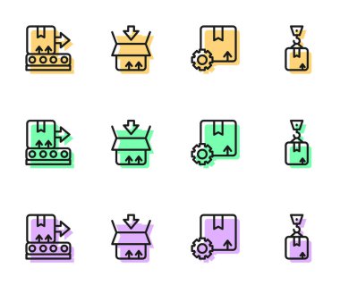 Set line Gear with package box, Conveyor belt, Carton cardboard and Crane icon. Vector