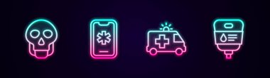 Set line Skull, Emergency call 911, Ambulance car and IV bag. Glowing neon icon. Vector