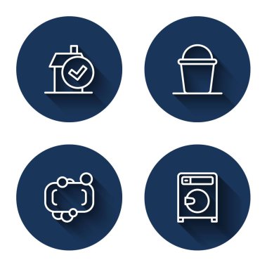 Set line Home cleaning service, Bucket, Bar of soap and Washer with long shadow. Blue circle button. Vector