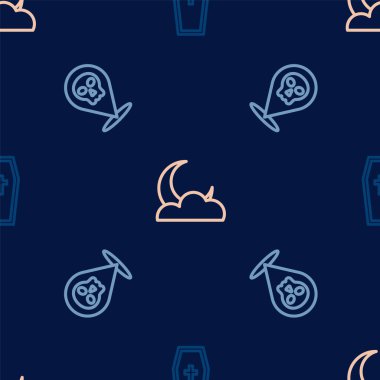 Set line Coffin with christian cross, Skull and Moon and stars on seamless pattern. Vector