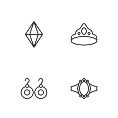 Set line Diamond engagement ring, Earrings, Gem stone and King crown icon. Vector