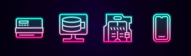 Set line Credit card, Cloud database, Futuristic sliding doors and Mobile phone. Glowing neon icon. Vector
