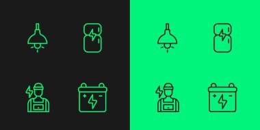 Set line Car battery, Electrician, Lamp hanging and Refrigerator icon. Vector