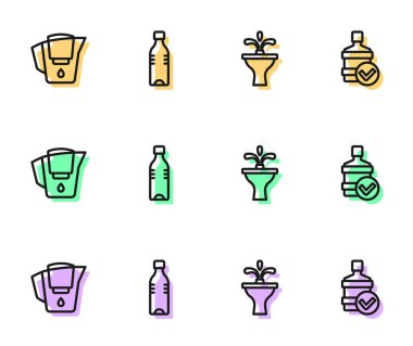 Set line Fountain, Water jug with filter, Bottle of water and Big bottle clean icon. Vector