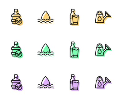 Set line Bottle of water with glass, Big bottle clean, Water drop and Watering can icon. Vector