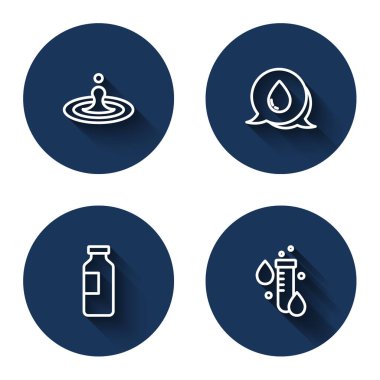 Set line Water drop, with speech bubbles, Bottle of water and Test tube with long shadow. Blue circle button. Vector