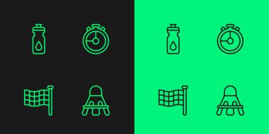 Set line Badminton shuttlecock, Checkered flag, Fitness shaker and Stopwatch icon. Vector
