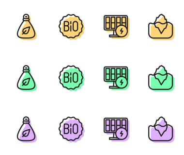 Set line Solar energy panel, Garbage bag, Banner for bio and Iceberg icon. Vector