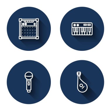 Set line Guitar amplifier, Music synthesizer, Microphone and Bandura with long shadow. Blue circle button. Vector
