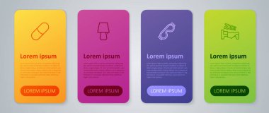 Set line Eye sleep mask, Time to, Sleeping pill and Table lamp. Business infographic template. Vector