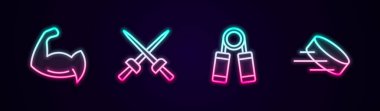 Set line Bodybuilder showing his muscles, Fencing, Sport expander and Hockey puck. Glowing neon icon. Vector